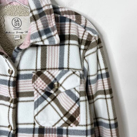Sage Women's Plush Shirt Jacket S Pink Plaid Fleece Flannel Sherpa Lined Shacket - Picture 2 of 10